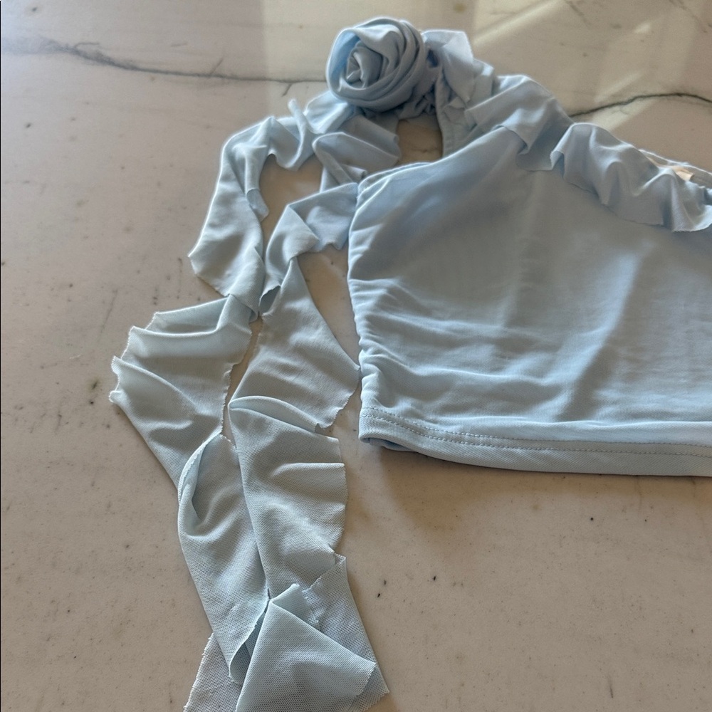 American Threads Light Blue One-Shoulder Ruffle Crop Top - Picture 4 of 4